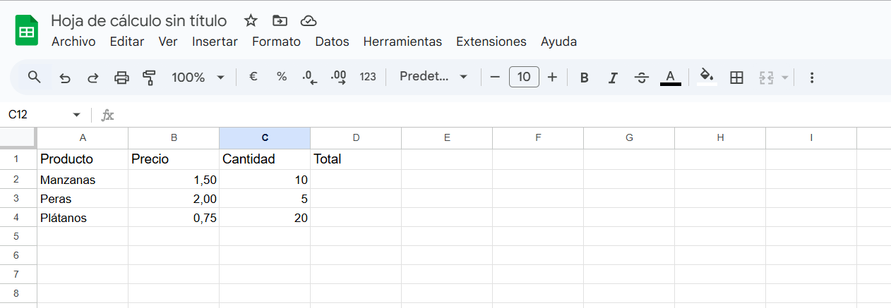 Hoja de cálculo con un ejemplo
